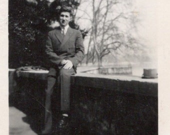 Vintage French Photo - Young Man Sat on a Wall