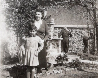 1940's French Photo - Woman and a Boy in a Garden