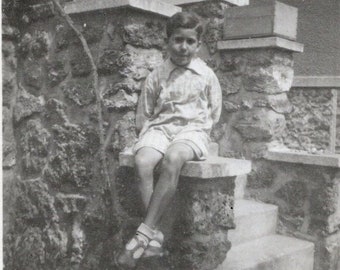 Vintage Child Photo - Boy Sat on a Wall