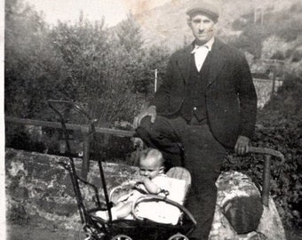 Vintage French Photo - Man with a Baby in a Stroller (Pram)