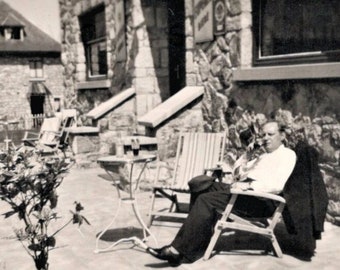 Vintage French Photograph - Man Sat Outside a Cafe Bar Smoking a Pipe