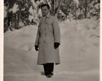Vintage Winter Photograph - Man Stood Outside in Deep Snow