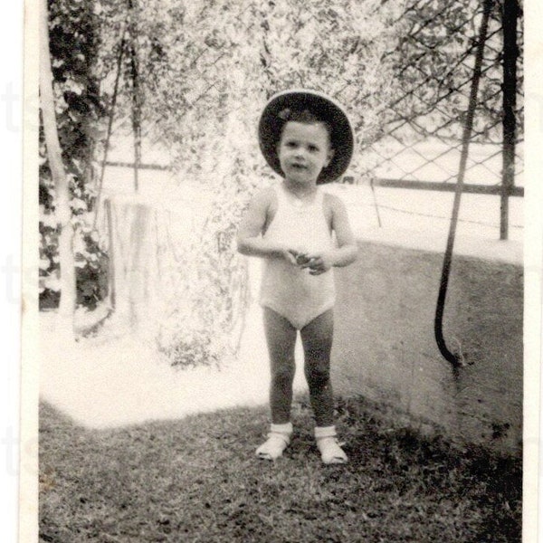 1940's Summer Photo - Little Boy in Swimsuit and Sun Hat