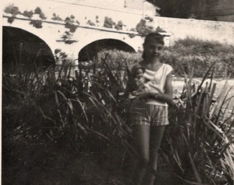 Vintage Summer Photo - Girl Stood Holding a Doll Next to a River