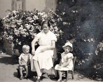 Vintage 1930's Photo - Woman with Two Children in a Garden