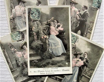 Set of 5 Antique French Postcards - Kissing Cousins