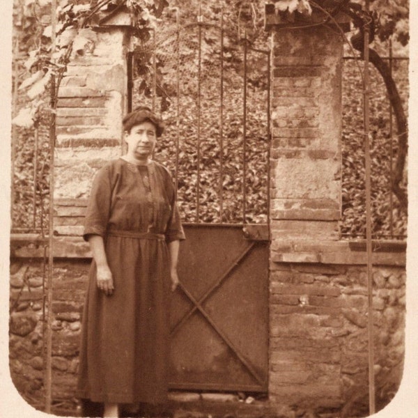 French Real Photo Postcard (RPPC) - Old Lady at the Gate