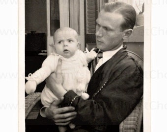 Vintage French Photo - Man in a Smoking Jacket Holding a Baby