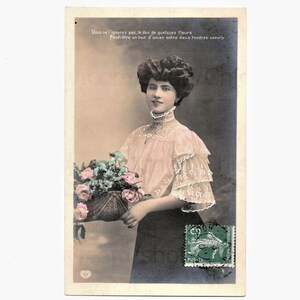 French Antique Postcard - Woman Holding a Basket of Flowers