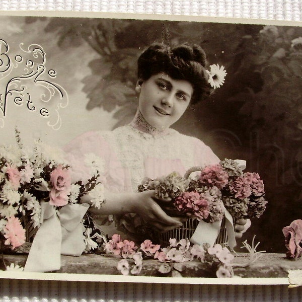 French Antique Postcard - Woman Arranging a Flower Basket 'Bonne Fete'