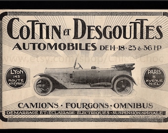 French Antique Paper Advert - Cottin & Desgouttes Cars