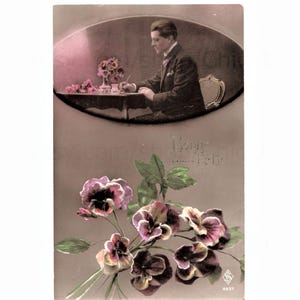 French Antique Postcard - Man Writing at a Desk
