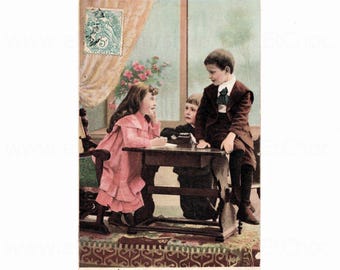 Antique French Postcard - Children at a Writing Desk