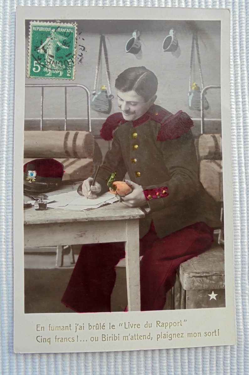 Set of 3 Antique French Postcards Soldier Trying to Get Money from His Parents