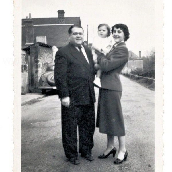 French Black & White Photograph - Couple with Child