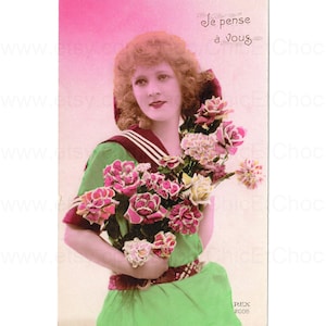 French Postcard - Woman with Roses