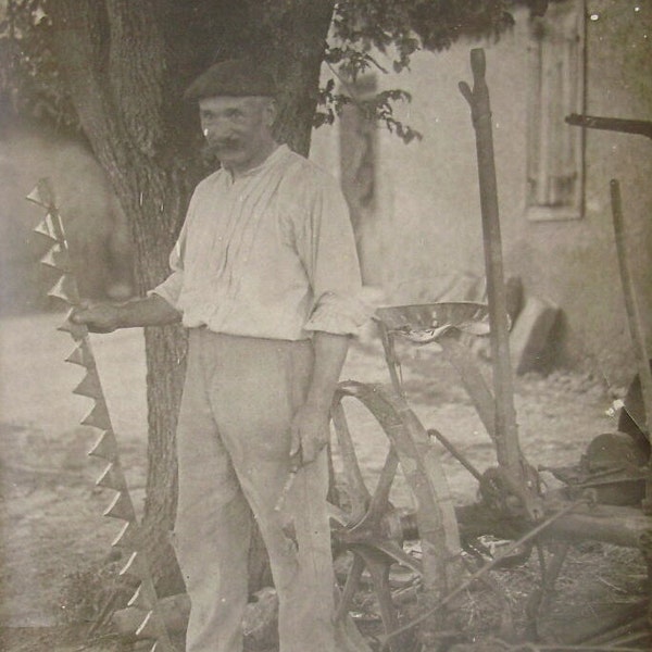 Vintage French Rustic Photo - Farmer with his Farm Tools