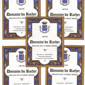 Pack d’étiquettes de vin vintage Français - Ensemble de 5 étiquettes de bouteilles de vin inutilisées de 1970