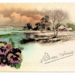Vintage French New Year Postcard - Winter Riverside Scene