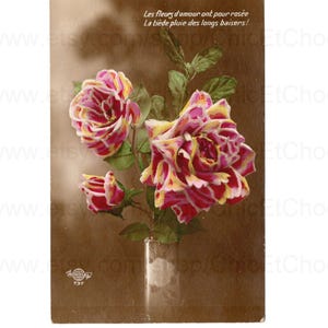 French Floral Postcard - Vase of Roses