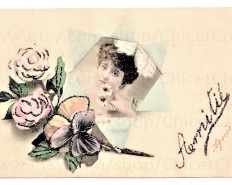 Postal antigua francesa - Mujer y flores