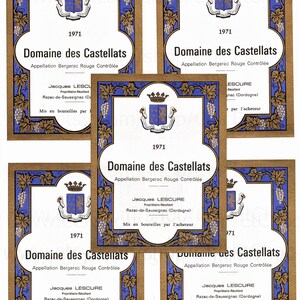 Pack d’étiquettes de vin vintage Français - Ensemble de 5 étiquettes de bouteilles de vin rouge inutilisées de 1971