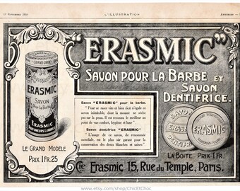French Antique Paper Advert - Erasmic Male Grooming Products