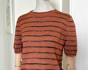 Sweter w paski z bawełny merino, dzianinowy top z krótkim rękawem, kolor cynamonowo-miedziany