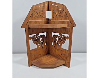 Vintage Hand Carved Wooden Small Barn Corner Shelf W/Decorative Cows Rustic