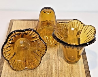 3 Mini Vintage, Amber Glass, Scalloped Edged Sconce Shades