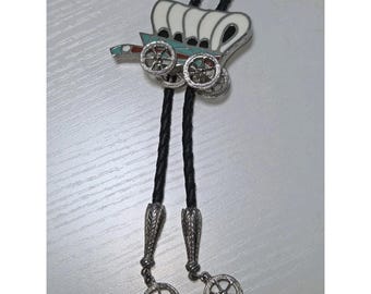 Vintage Zuni Bolo Tie  Multi-Stone Inlay Covered Wagon Black Leather Cord