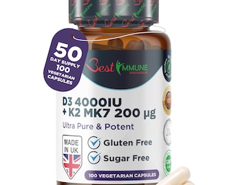 Vitamin D3 4000IU K2 MK7 200mcg: Natural Immune Support - 100 Capsules