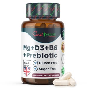 May include: A brown bottle of Best Immune Mg+D3+B6 + Prebiotic capsules. The label states the product is gluten-free and sugar-free, with 100 vegetarian capsules. The bottle has a red, green, and white seal and a UK flag.