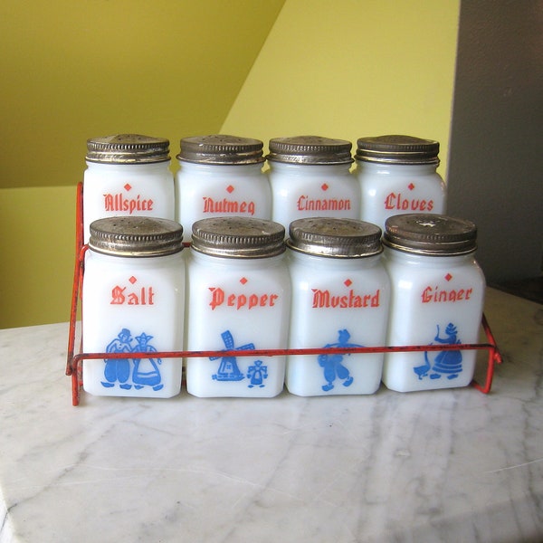 Vintage Spice Set Dutch Blue on Milk Glass with Red Wire Rack Circa 1950 Tipp City Company