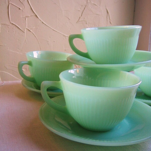 Fire King Jane Ray Cups Saucers 4 Sets Jadite Circa 1950's