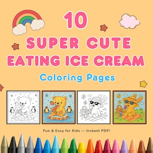 Cute Animals Eating Ice Cream Coloring Pages for Kids – Printable Kawaii Animal & Ice Cream Fun Activity Book