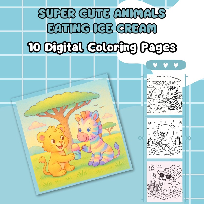 Cute Animals Eating Ice Cream Coloring Book for Kids – Printable Kawaii ...