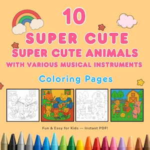 Livro de colorir de músicos animais kawaii | Download digital para adolescentes e adultos | Tema musical superfofo