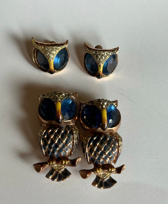 Corocraft sterling blue rhinestone owls duette bro