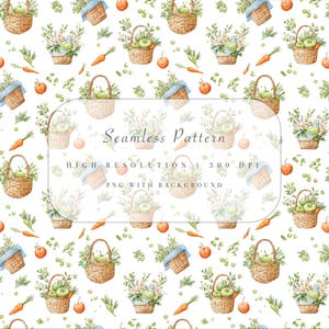 May include: A watercolour seamless pattern with baskets of green apples and flowers, carrots, and red apples on a white background. The text "Seamless Pattern" is visible.