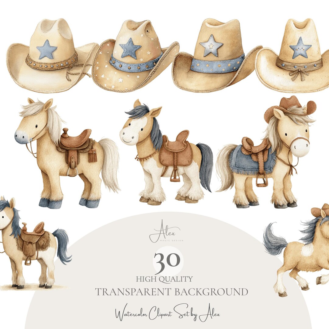 Rodeo Clipart Set, Cowboy Hat and Horse Pngs, Cute Western Cowboy Clip ...