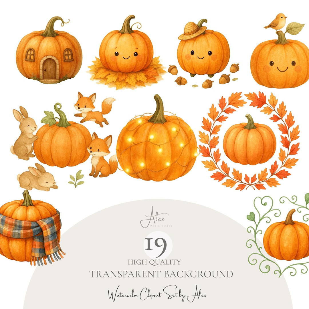 Autumn Pumpkin Clipart Set, Cute Fall Pumpkins PNG, Transparent ...
