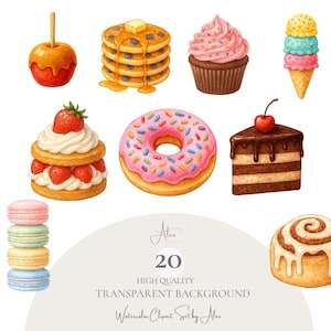 Dessert Clipart PNG Set, Cute Cupcake Donut Ice Cream Cake Stack, Macaron Cookie Pancake, Transparent Background, Fast Download