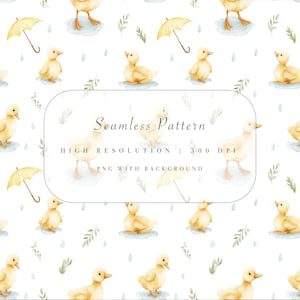 Può includere: Motivo acquerello senza cuciture con anatroccoli gialli, ombrelli gialli e foglie verdi su sfondo bianco. Il testo "Seamless Pattern" è visualizzato. Il motivo è ad alta risoluzione e 300 DPI.