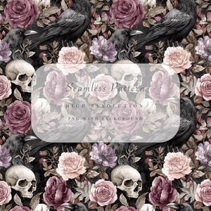 May include: Seamless pattern featuring black ravens, skulls, and roses in shades of burgundy, mauve, and cream. The design includes floral and botanical elements on a dark background. The text "Seamless Pattern" is visible.