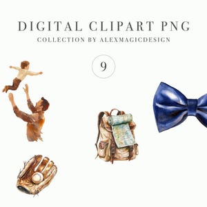 Clipart aquarelle pour la fête des pères – Papa et enfant, sac à dos, nœud papillon, baskets, pipe, gant, ensemble PNG pour cartes et publicité illimitée