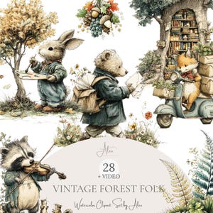 Może przedstawiać: Ilustracja akwarelowa przedstawiająca antropomorficzne zwierzęta leśne. Królik maluje, niedźwiedź czyta mapę, lis jedzie na skuterze, a szop gra na skrzypcach. Tekst brzmi "Vintage Forest Folk" i "Watercolor Clipart Set by Alex".