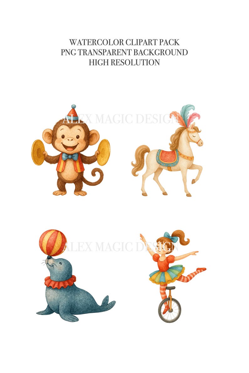 Circus Clipart Set, Cute Circus Animals PNG, Vintage Carnival Clipart ...