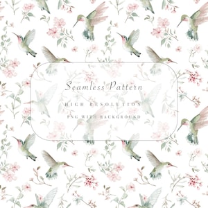 Może przedstawiać: Bezszwowy wzór z akwarelowymi kolibrami w odcieniach zieleni, różu i szarości, przeplatany delikatnymi różowymi kwiatami i zielonymi liśćmi na białym tle. Tekst "Seamless Pattern" jest wyświetlany pośrodku.