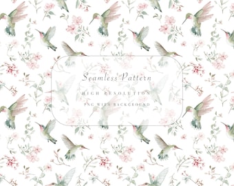 Hummingbirds Pattern, Watercolor Hummingbird, Spring Floral Seamless Pattern, Birds and Flowers Clipart, Instant Download, Commercial Use